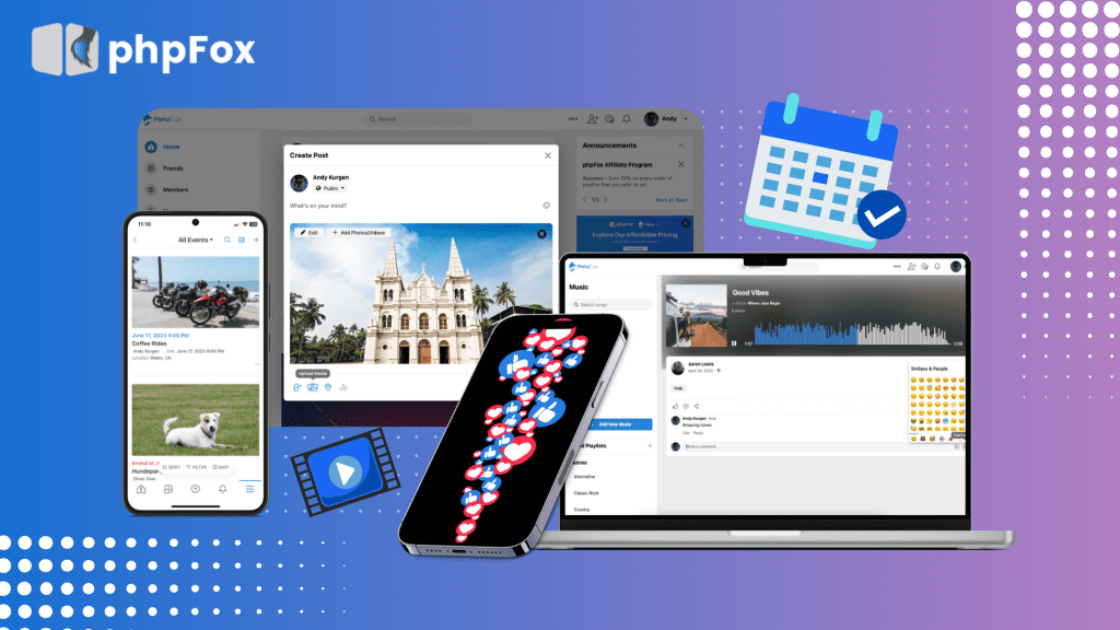 the image shows the UI design of MetaFox in both mobile and website versions.